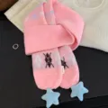 Jolie écharpe en tricot rose avec pendentifs étoiles en peluche, style doux hiver - Rose Poudré