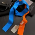 Two-color colorblocked narrow knitted scarf, blue and orange wool blend winter accessory. - Blue Orange / 180
