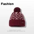 Winter women's pom pom knit beanie with traditional Fair Isle pattern, warm woolen hat. - Burgundy