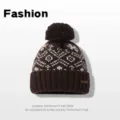 Winter warm thick knit pom-pom beanie with classic fair isle pattern and soft wool texture. - Coffee