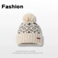 Winter warm knitted beanie hat with pompom and fair isle pattern for women daily wear outdoor. - Beige Apricot