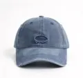 Washed distressed denim baseball cap with embroidered logo, Korean style curved brim hat. - Washed Blue