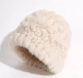 Beige knitted rabbit fur fisherman hat, warm and windproof winter basin hat for elegant women. - M (56-58cm) / Off-White Model D