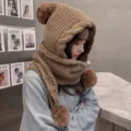 Korean style winter warm knitted hooded scarf with cute pom-poms thick beanie for women - One Size / Khaki