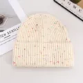 Autumn winter warm knit beanie with colorful speckles, stylish thick fleece wool hat. - Off White