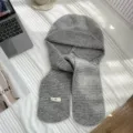 Écharpe à capuche tricotée grise femme hiver chaud chapeau de laine bavoir intégré - Taille unique / Gris