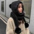 Korean style thick knitted hooded scarf winter warm hat with cute plush pom poms for women. - One Size / Black
