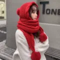 Winter warm knitted hat and scarf all-in-one with cute pom-poms for stylish women daily. - One Size / Red