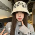 Womens jacquard knit bucket hat autumn winter warm wool grey basin hat casual streetwear - One Size / Off White
