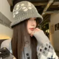 Grey knitted bucket hat for women, autumn winter warm woolen basin hat with nordic pattern. - One Size / Light Gray