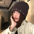 American retro rivet knitted beanie hat for women, autumn winter casual warm loose cap. - One Size / Coffee