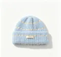 Light blue thick winter knitted beanie hat with white dots, cozy warm fleece pullover hat. - M (56-58cm) / Sky Blue