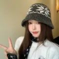 Fair Isle Knitted Bucket Hat Winter Warm Retro Ethnic Style Woolen Basin Hat for Women - One Size / Dark Gray