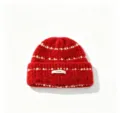 Korean style thick red knitted beanie with white stripes, warm and windproof winter hat. - M (56-58cm) / Red