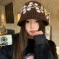 Brown white knitted bucket hat for women autumn winter warm fuzzy cute aesthetic basin cap - One Size / Brown