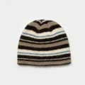 Striped knitted beanie for women, cozy winter warm slouchy hat with multi-color pattern. - One Size / Brown