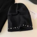 Black knit beanie with silver metal studs, American retro hot girl style winter casual warm hat. - One Size / Black