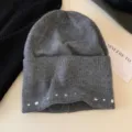Grey knit beanie with rivet embellishments, retro style warm winter hat for women. - One Size / Gray
