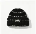 Korean style thick knit beanie hat, black warm winter pullover cap with white striped decor. - M (56-58cm) / Black