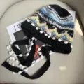Retro Fair Isle knitted beanie with pom-pom ties, warm autumn winter earflap hat for women. - M (56-58cm) / Black