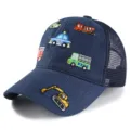 Casquette de baseball en filet pour enfants avec voitures brodées, chapeau de soleil d'été respirant. - Taille unique / Bleu foncé