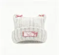 White cute cat ear knit beanie with red plaid bows and cute patch for women and girls. - One Size / Off White