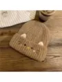 Cute cat knitted beanie for women, warm winter plush hat with cute embroidered cat ears and face. - One Size / Khaki