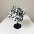 Faux mink leopard print cat ear bucket hat, winter warm plush fuzzy furry cap style. - One Size / Black and White Leopard Print