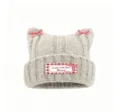 Cute grey knit beanie hat with cat ears, red plaid bows and patch for women winter. - One Size / Gray
