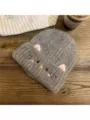 Grey cute cat ear knitted beanie hat, soft warm winter plush pullover cap for women. - One Size / Gray