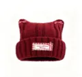 Cute women red knit cat ear beanie hat with plaid bows, warm winter slouchy knitted cap. - One Size / Burgundy