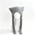 Grey cat ear knit hat with long ties, warm winter knitwear for men and women fashion. - M (56-58cm) / Gray