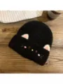 Black Knitted Cat Ear Beanie Cute Winter Warm Pullover Hat with Embroidery Details - One Size / Black