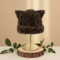 Leopard print faux mink fur cat ear bucket hat warm winter plush beanie for women. - One Size / Small Leopard Print