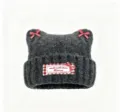 Cute cat ear knitted beanie hat for women and girls, winter warm fleece wool cap with bows. - One Size / Dark Gray
