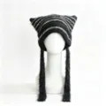Autumn winter cat ear knitted hat black white stripes warm long earflap beanie cap - M (56-58cm) / Black