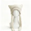 Winter warm knitted cat ear hat with long tassels stripes cute style beanie cap for women and men - M (56-58cm) / Khaki