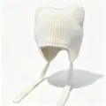 White fluffy knit cat ear hat with cute long straps for winter warmth and cozy fashion style. - M (56-58cm) / White