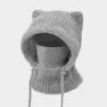 Winter warm knitted balaclava hat with cute cat ears windproof cycling face mask and scarf - M (56-58cm) / Gray