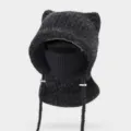 Winter windproof knitted cat ear balaclava hat, warm fleece integrated mask and neck bib. - M (56-58cm) / Black