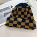 Blue and yellow color block knitted beanie hat, stylish winter warm casual cap for women. - Adjustable / Navy Blue + Yellowish