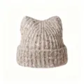 Cute cat ear knit beanie for women, warm wool blend winter hat with cozy tweed texture. - M (56-58cm) / Khaki