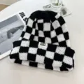 Black white checkerboard knit beanie winter warm fashion pullover hat for women daily wear - Adjustable / Black+White