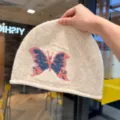 Retro Butterfly Embroidery Knit Beanie Hat Autumn Winter Warm Rolled Edge Skull Cap - Adjustable / Off White