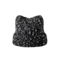 Black white speckled cat ear knit beanie warm wool blend cute winter hat for women - M (56-58cm) / Black