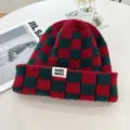 Korean style high elasticity jacquard knit beanie red green plaid winter warm pull-on hat - Adjustable / Red + Black