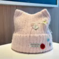 Sweet pink cat ear knitted hat for women, cute winter warm beanie with lace bow and buttons. - Adjustable / Pink