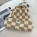 Korean style checkerboard knit beanie hat for women, high elastic warm winter pullover cap. - Adjustable / Beige + Khaki