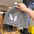 Retro butterfly embroidery rolled cuff plush beanie hat for women winter warm knit cap chic - Adjustable / Gray