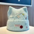 Sweet cute cat ear knitted beanie for women, warm winter fashion casual solid color hat. - Adjustable / Mint Green